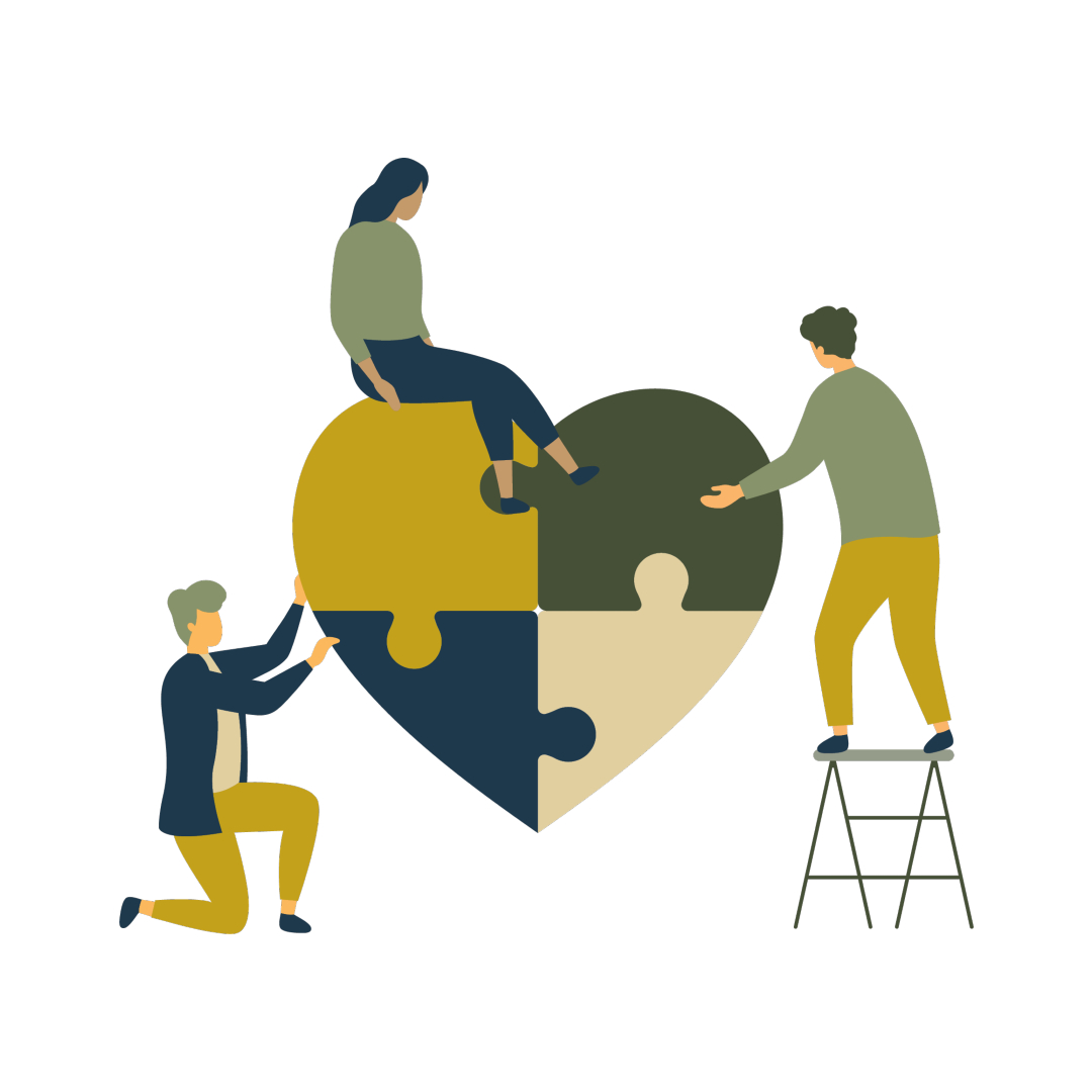 Three people assembling a heart-shaped puzzle with four pieces