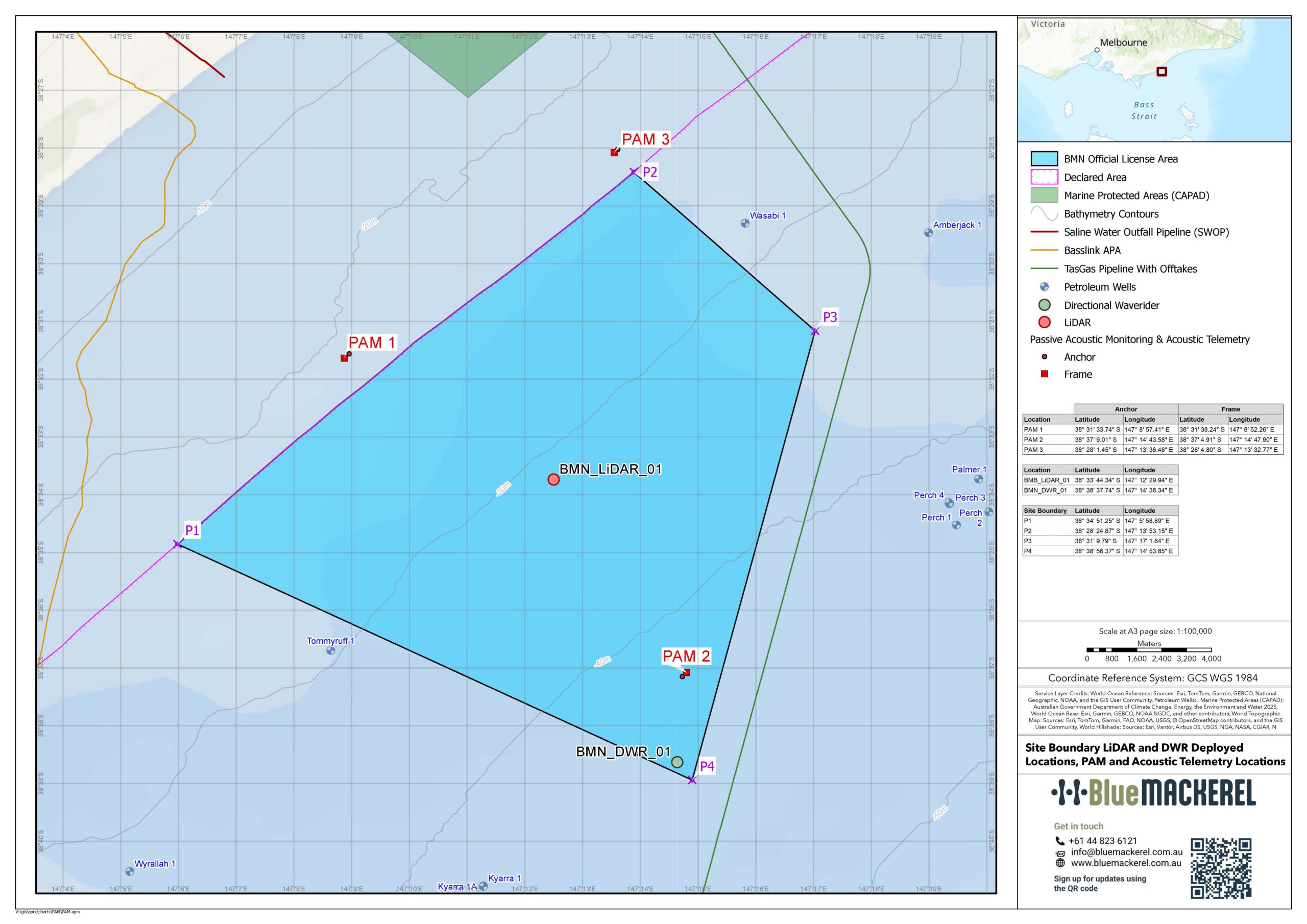 Map showing coordinates of Blue Mackerel deployed equipment in Bass Strait with labeled PAM, LiDAR, and DWR sites