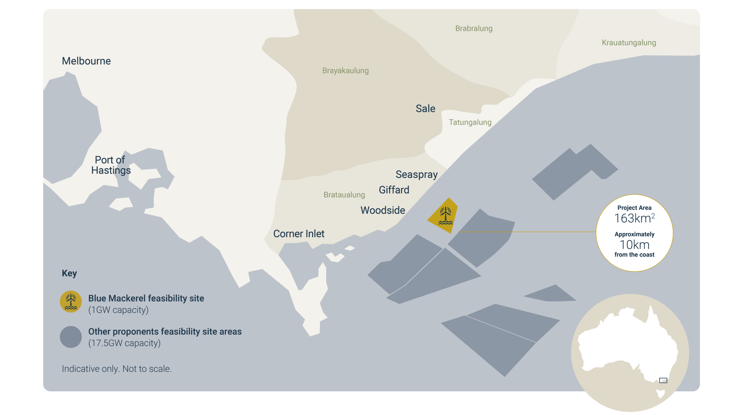 Map showing the Blue Mackerel offshore wind project area near the coast of Victoria, Australia, with key locations like Melbourne, Sale, and Corner Inlet.